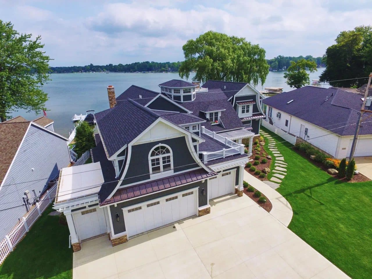 Aerial view of a Michigan lakefront home represented by Crossroads Realty